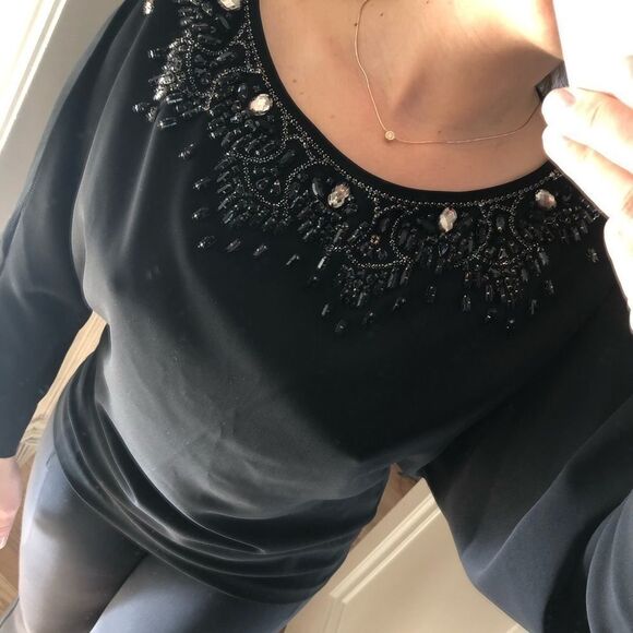 Badgley Mischka Collection  Black Beaded cold shoulder top blouse  Size M - Picture 2 of 9